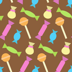 Colorful seamless pattern with different candies and lollipops. Print for textiles, fabric, wallpaper, cards, gift wrap and clothes. Endless design. Doodle style illustration. Sweet and tasty theme