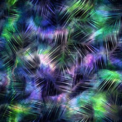 Seamless abstract color blobs with tropical foliage overlay. High quality illustration. Painterly dye-like blue purple and green bleed watery background color with beautiful pattern overlay.