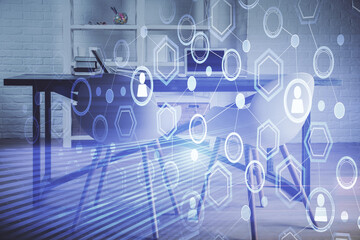 Double exposure of social network theme drawing and office interior background. Concept of web.