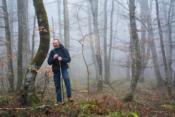 Male hiker with walking sticks in a forest.  Autumn or winter landscape with mist. Trees on the background.