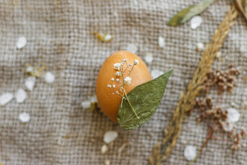 Easter egg decorated with dry flower on rustic linen napkin with wildflowers, herbs and petals