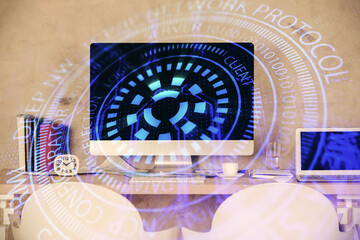 Multi exposure of data theme drawing and office interior background. Concept of technology.