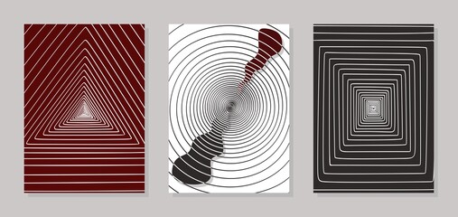 Set of three posters with abstract geometric patterns. Spiral lines in the form of a circle, triangle, square. Imitation of perspective, tunnel. Minimalism. Contrasting black, white, burgundy colors.