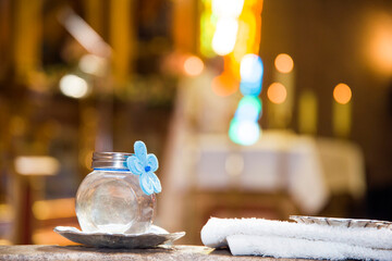 CHURCH INTERIOR DURING A WEDDING CELEBRATION