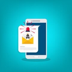 Red alert flasher and email, envelope with black document and skull icon notification on a smart phone. Virus, malware, email fraud, e-mail spam, phishing scam, hacker attack concept. Vector 