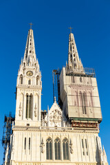 Zagreb Cathedral after the earthquake on sunny day against blue sky