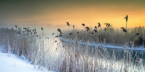 Zimowa Rzeka O Wschodzie  Słońca  - Szrony  - obrazy, fototapety, plakaty