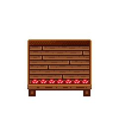 Vegetable shop pixel art. Mushrooms in a wooden crate. Mushrooms, food pixel art icon isolated on white background. Mushroom stall. Showcase with vegetable waste. Vector illustration.