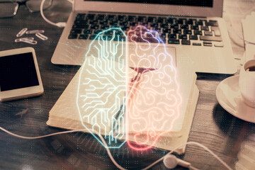 Multi exposure of brain drawings and desk with open notebook background. Concept of AI