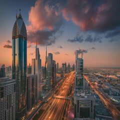Cityscape of Dubai downtown at sunrise