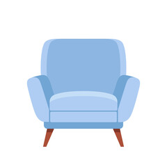 Stylish blue flat karton style comfortable armchair. Part of the interior of a living room or office. Isolated on white background