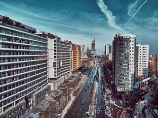 Beautiful panoramic aerial drone skyline view of the Warsaw City Centre with skyscrapers of the Warsaw City Centre, Poland, EU