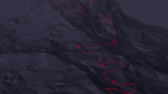 Flight over a winding hiking trail through the mountains with waypoints - 3d illustration
