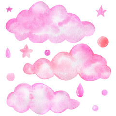 Watercolor pink clouds clipart A set of elements for the design of the nursery for girls