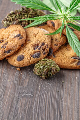 Obraz na płótnie Canvas Cookies with cannabis and buds of marijuana on the table. A can of cannabis buds CBD Concept of cooking with cannabis herb. - Medical Legal Marijuana