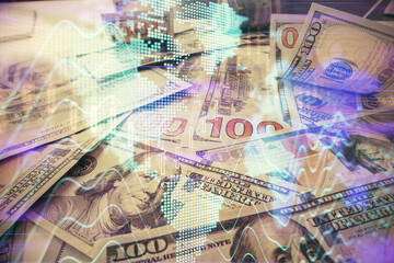 Multi exposure of forex chart drawing over us dollars bill background. Concept of financial success markets.