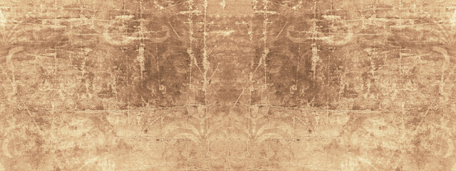 Obraz na płótnie Canvas Old brown beige vintage worn shabby patchwork motif tiles stone concrete cement wall texture background banner 
