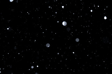 Element for winter design or overlay. Real snow over black background.