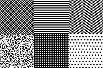 Fashion black and white seamless patterns set. Stripes, polka dots, houndstooth, leopard, stars and check.