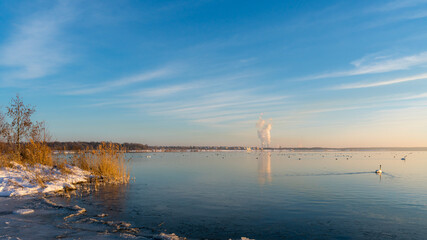 Sunny winter day at the Cospudener Lake near Leipzig