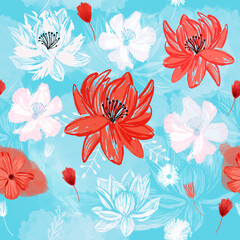 Fototapeta na wymiar Seamless Floral Orange, White Vibrant Tropical Flowers on a Blue background. Surface design for fabric, packaging, wrapping paper, ads, banner, poster, wallpaper