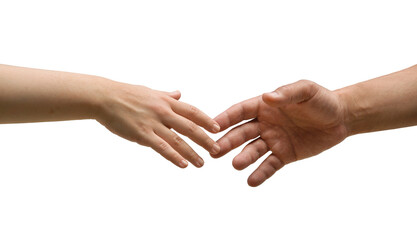 hands of a man and a woman hands reaching towards each other on a white background. Friendship and respect concept