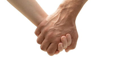 men hand holds the hand of the child. isolated in the white background. 