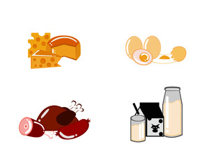 unique icon of protein food, cheeses, eggs, meats, and milk