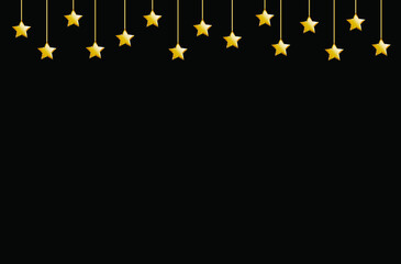 vector black background with gold stars. flat image of black background with hanging rope stars. abstract background with stars
