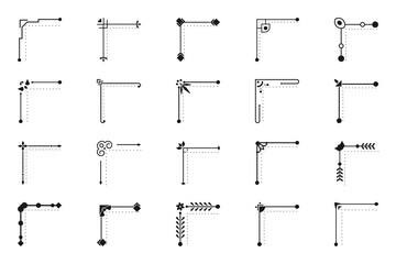 Black corner line border icon set. Abstract decorative element for design book page, text break, wedding invitation, card, certificate, menu retro, art deco, elegant decor Isolated vector illustration