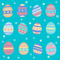 Colorful decorated Easter eggs made in  vector. Illustration in pastel colors. Cute festive background template