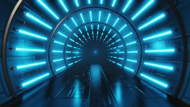 Abstract animation loop futuristic Sci Fi corridor blue neon tube lights glowing. Floor room with reflections empty space. Spaceship, Future, Arch. 3D 4K loop animation
