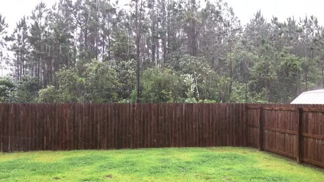 A backyard with a wooden fence under the heavy rain in HD