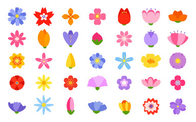 Set of flat summer flowers colorful icons. Different shape and various colors for spring season flower flat. Simple element, symbols for floral shop logo, stickers, tags. Isolated vector illustration