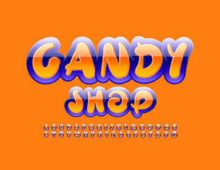 Vector glossy emblem Candy Shop. Bright artistic Font. Creative style Alphabet Letters and Numbers set