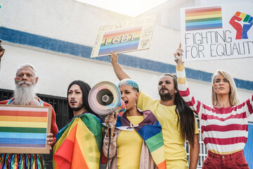 Gay people protest at lgbt pride event outdoor - Main focus on drag queen face