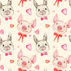 Seamless watercolor pattern with bunnies and pigs. Perfect for your unique designs,greeting card,blog,pattern,baby shower party,invaitation,baby cards,birthday and more.