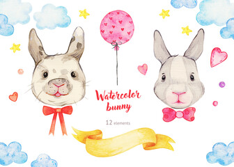 Cute watercolor illustration of bunny faces with bows,stars,hearts,balloons and clouds. Perfect for your unique designs,greeting card,blog,pattern,baby shower party,invaitation,baby cards,birthday.