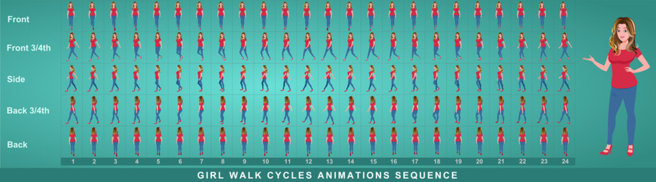 Girl Character Front Walk Cycle Animation Sequence.  Frame by frame animation sprite sheet of  woman walk cycle.