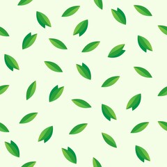 Raster seamless pattern of green leaves randomly arranged on a gentle light green background. Background from leaves.