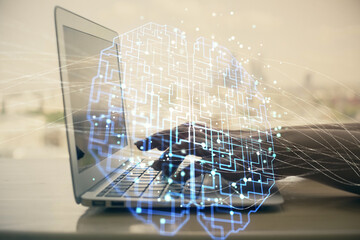Multi exposure of woman hands working on computer and brain hologram drawing. Ai concept.