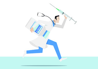 Coronavirus emergency. Running doctor with a vaccine syringe in his hands.