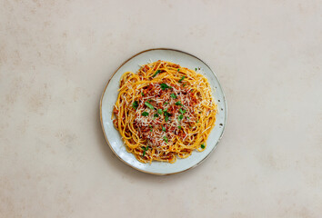 Italian pasta spaghetti bolognese. National cuisine. Recipe. Italian food.