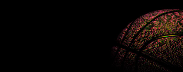 Closeup detail of basketball ball texture background. Team sport concept. Sports background for product display, banner, or mockup.