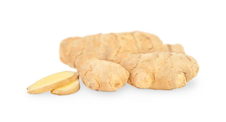 Whole ginger and it's slices isolated on white background	