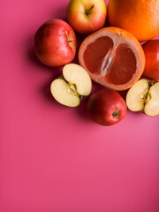 Fruit halves laid out on a red background. Healthy food concept. Summer diet.