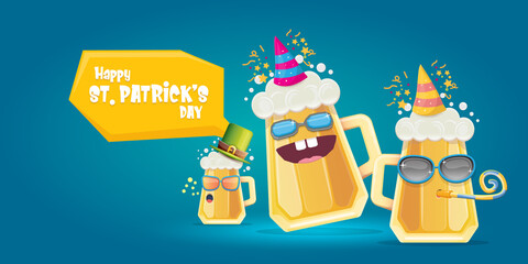 Happy st. Patricks day horizontal banner with cartoon funny beer glass friends characters with sunglasses isolated on blue background. Patricks day cartoon comic poster with funky green beer