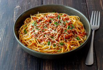 Italian pasta spaghetti bolognese. National cuisine. Recipe. Italian food.