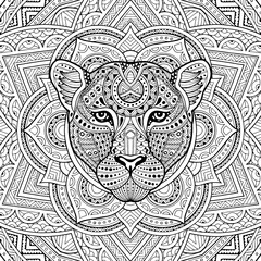 Patterned leopard, puma, panther, cat head in the zentangle style of a white background passing. Tribal ornament painted by hand. Series ethnic animals. African, Indian. Mandala. Ornament.
