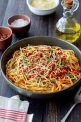 Italian pasta spaghetti bolognese. National cuisine. Recipe. Italian food.